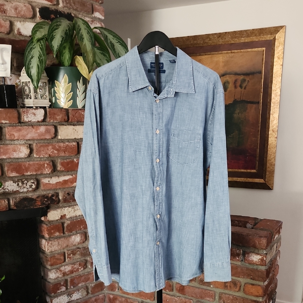 Faconnable Light Blue Regular-Fit Tailored Denim-Cotton Button-Down Shirt